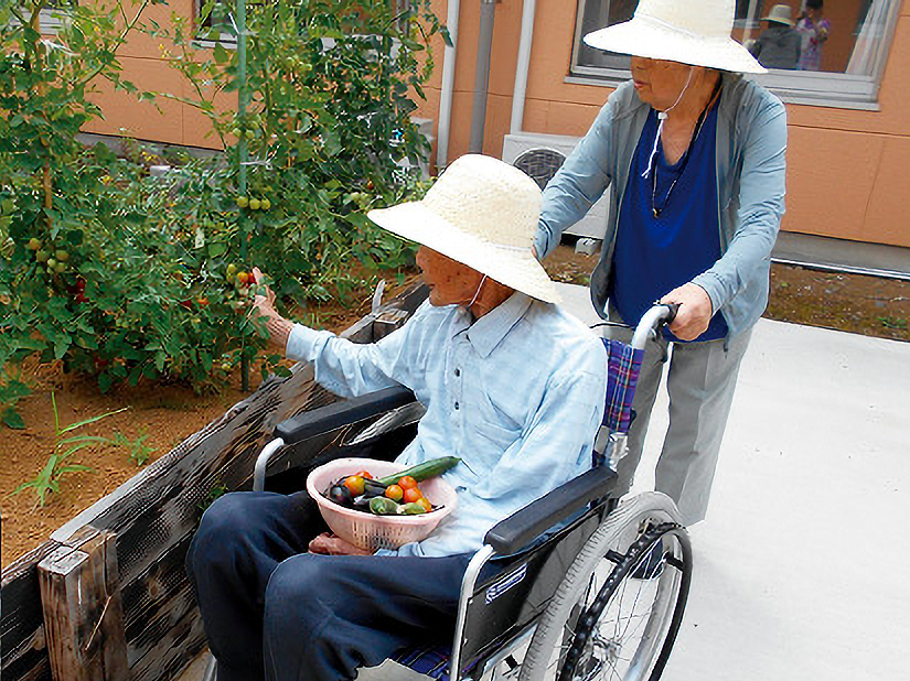 車椅子で収穫できる中庭の庭園